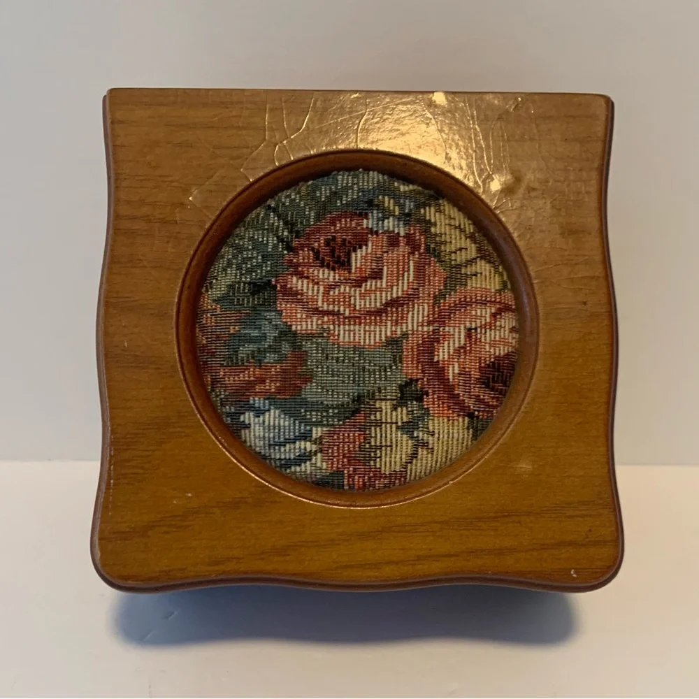 Vintage Cherry Wood jewelry box 6.5”x 7”Needlepoint, Floral Tapestry